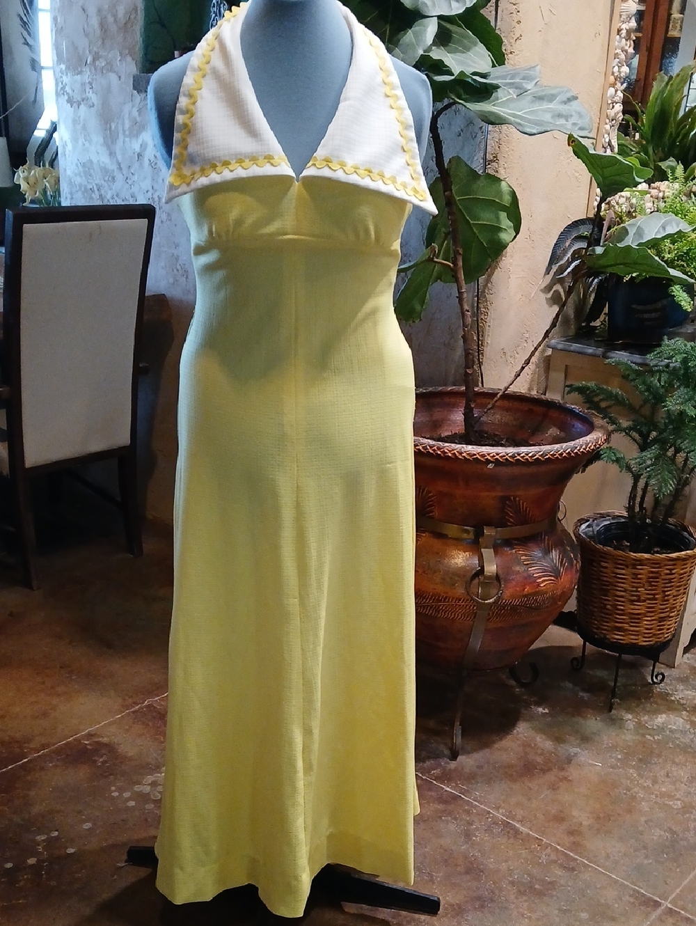 Handmade Vintage 70s Yellow Halter Maxi Dress with White Collar
